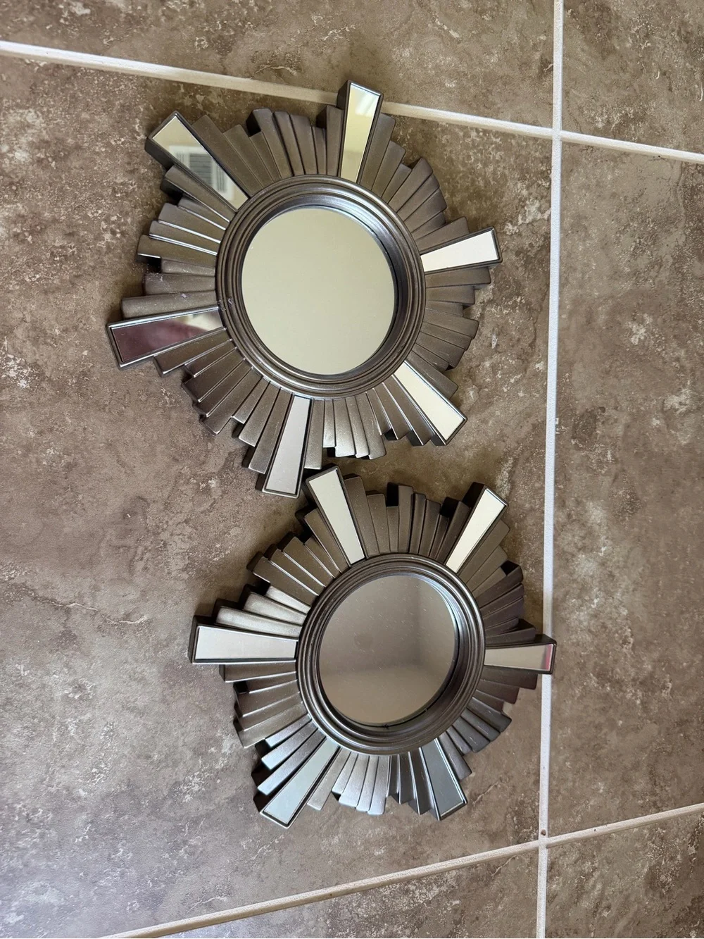 Decorative Sunburst Wall Mirror Pair in Metallic Gray